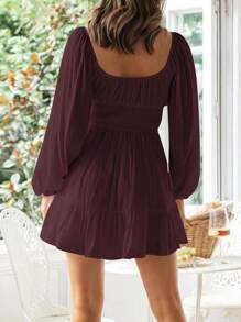 Women Spring Summer Short A-Line Dresses Long Sleeve Square Neck Ruched Tie Up Party Dress - Dark Brown - View 5