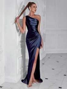 女士优雅单肩褶皱高开衩鸡尾酒礼服，适合跳舞