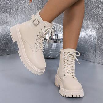 Women's Mid-Calf Boots With Warm Lining For Autumn/Winter, New Arrivals, Solid Color Patchwork Design, 4cm Chunky Heel, Flat Sole, Front Lace-Up+Side Zipper+Side Decorative Buckle, Fashion Boots