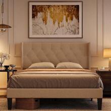 Asofer 140 X 200 Cm Bed Frame, Modern Upholstered Bed Frame With Wing Chair Headboard With Button Stitching, Platform Bed Frame With Solid Wood Slats, Storage Space Under The Bed, Easy Assembly, Valentine's Day Ideas - 米色 - 查看 2