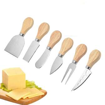 Juego de 4/6 piezas de cuchillos de queso, cortador, espátula y tenedor de acero inoxidable y mango de madera, herramientas para queso, pastel y pizza, conjunto de cubertería occidental