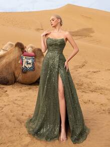 Faeriesty Haute Glamour 华丽露肩系带后背图案亮片串珠礼服和晚礼服 - 軍綠色 - 查看 5
