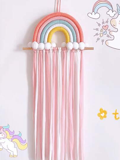 1 pieza Decoración colgante de pared hecha a mano de tela tejida con nube y arcoíris, arte de pared decorativo del hogar con cuerda del arcoíris para San Valentín