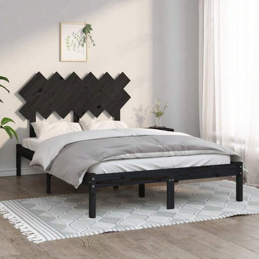Solid Wood Double Bed Frame Black 135x190 Cm No Mattress Included - Black - View 1