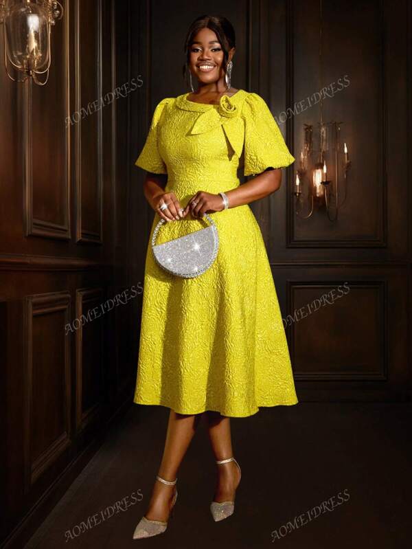 Women's Rose Jacquard Commuting Embossed Elegant Short Sleeve A-Line Puff Sleeve Cocktail Party Dress,For Birthday, Wedding Guest, Graduation, Dinner, Homecoming