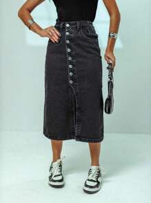 Midi Denim Skirt With Buttons And Slits - Black - View 1