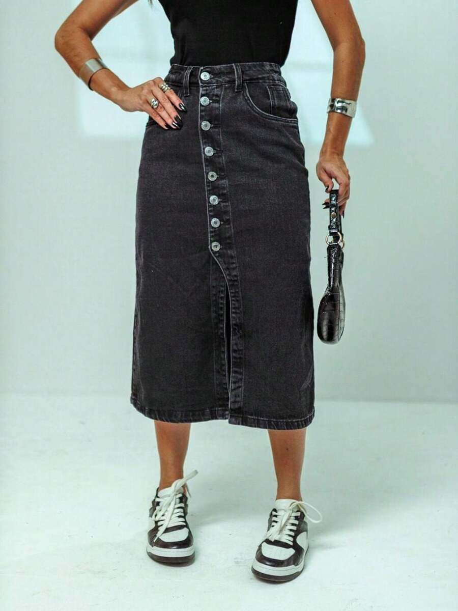 Midi Denim Skirt With Buttons And Slits - Black - View 1