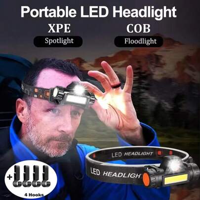 1 pezzo Lampada frontale portatile leggera, magnetica, super luminosa, con angolo regolabile, impermeabile, torcia per lavoro, campeggio, pesca, corsa, trekking (con 4 ganci)