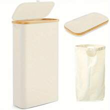 Cesto de ropa estrecho con tapa, de 65L, cesta de ropa con asas de bambú, cesto alto y delgado plegable para dormitorio, baño, dormitorio universitario, lavandería