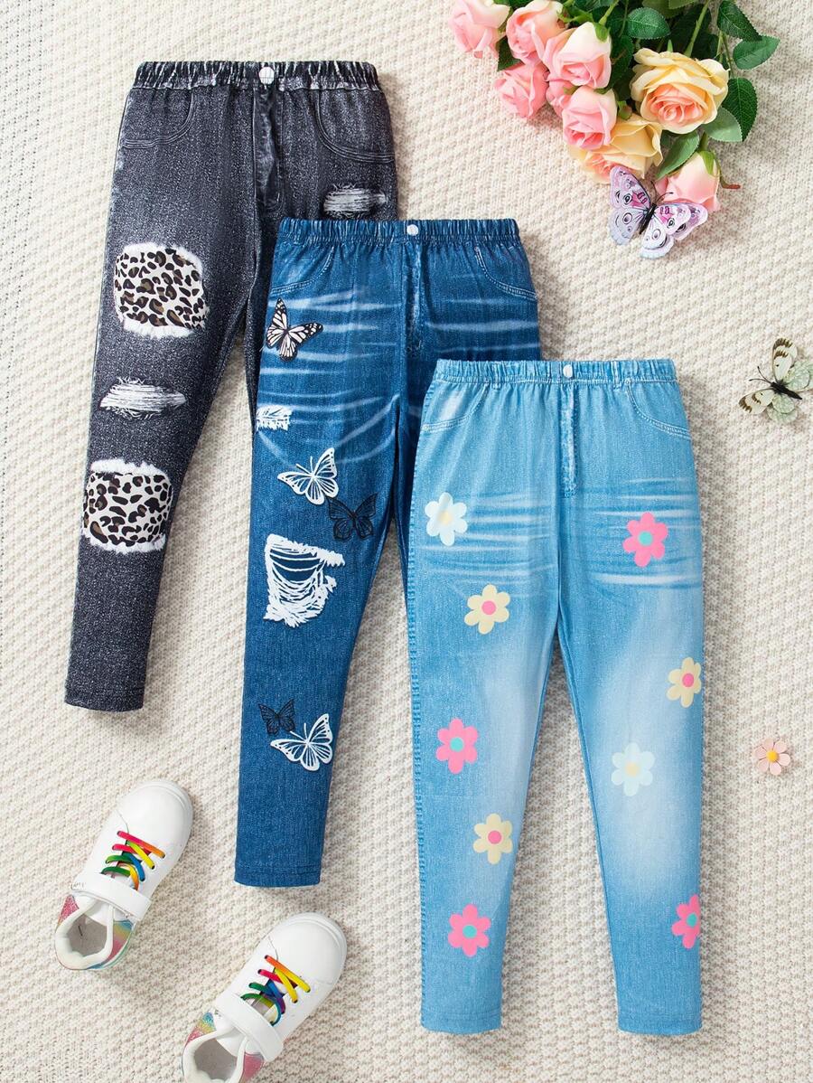 3件套少女蝴蝶印花修身裤