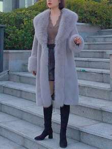 Women's Luxury Solid Color Faux Fur Long Collar Coat, An Ideal Choice For Winter