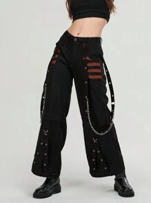 Women Cargo Jeans, Striped Zipper Button Closure Loose Casual Trousers Streetwear With Pockets - 橘色 - 查看 7