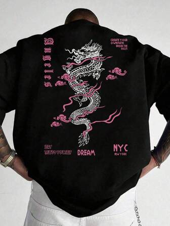 Plus Size Men's Letter & Dragon Graphic Round Neck Short Sleeve Casual T-Shirt, Summer