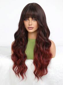 Perfect Natural Bend Wavy Long Curly Hair 26 "Brown Gradient Red Women's Wig Synthetic Woven Chemical Wig With Bangs Perfect For Holiday Travel Family Gatherings Christmas Everyday Wear - Màu đỏ ombre - Xem 3