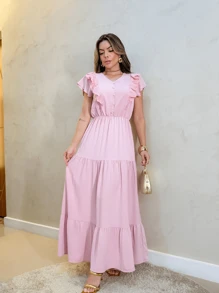 LONG DRESS WITH RUFFLE DETAIL - 淺粉色 - 查看 4
