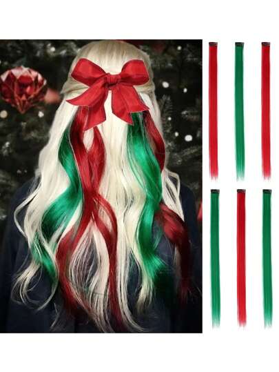 6片/包 20英寸彩色新年假发，绿色、红色、白色、蓝色，4色接发，派对夹式直发片，夹式合成渐变色，适合女孩和女士，适用于圣诞节、万圣节和其他节日