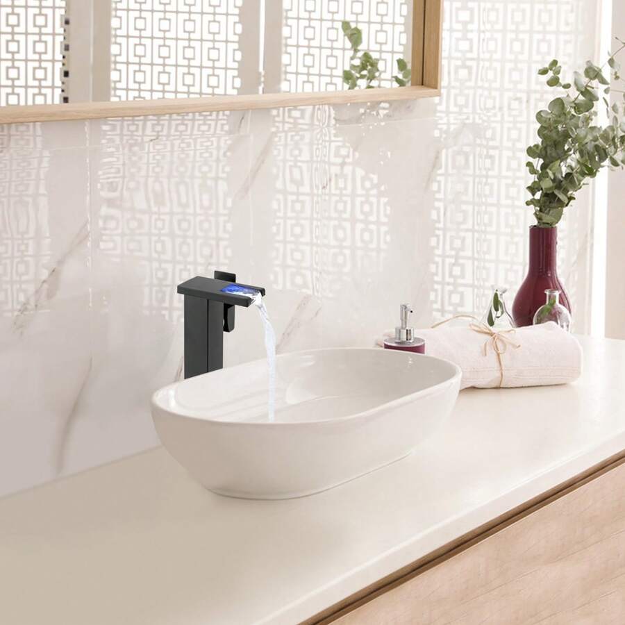 Black Bathroom Vessel Faucet Led Light 3 Color Changing Waterfall Single Handle One Hole Bowl Sink Faucet Vanity Lavatory Deck Mount Mixer Tap Tall With Hose