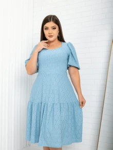 Modest Elegant Round Puff Sleeve Midi Dress - Màu xanh nhạt - Xem 2