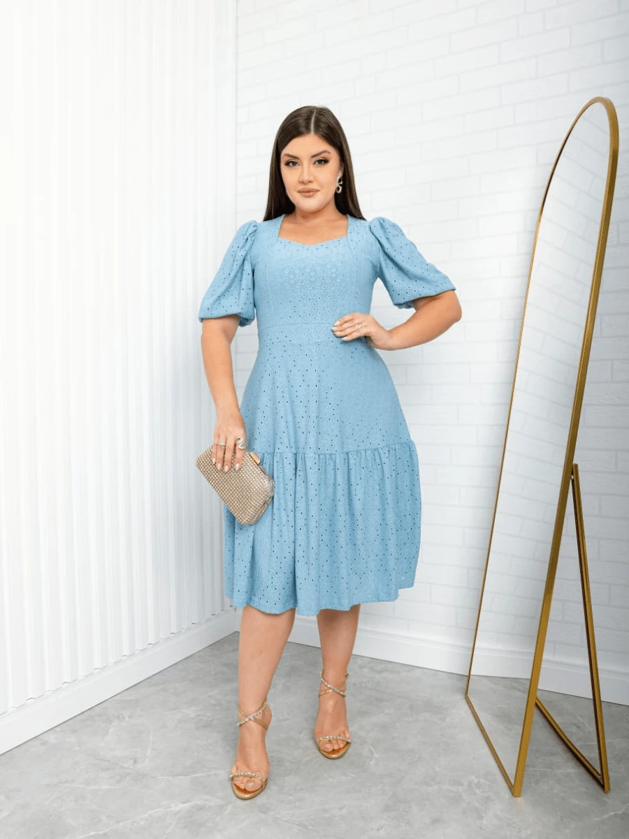 Modest Elegant Round Puff Sleeve Midi Dress - Màu xanh nhạt - Xem 1