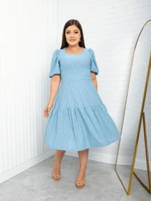 Modest Elegant Round Puff Sleeve Midi Dress - Màu xanh nhạt - Xem 4