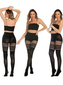 1 par de medias para mujer tipo medias altas falsas con efecto de tirantes, de rejilla con rayas en estilo gótico