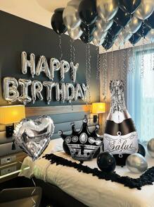 49 件银色和黑色生日快乐气球装饰套装，包括生日快乐横幅、瓶子、皇冠、心形气球，适用于银色和黑色主题生日派对、婚礼、周年纪念、毕业典礼、新年、情人节、拍照亭背景、男士和女士银色生日快乐派对装饰 - 彩色 - 查看 5