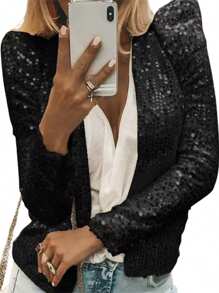 Women Jacket, Long Sleeve Open Front Sequined Fall Ladies Cardigan For Club Party - Black - View 2