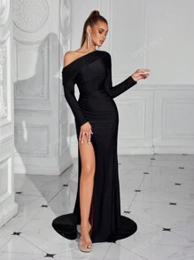 Vestito da cocktail elegante da donna, con una spalla sola, plissettato e con spacco alto, adatto per feste e balli