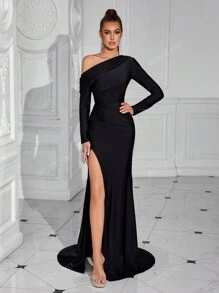 Vestito da cocktail elegante da donna, con una spalla sola, plissettato e con spacco alto, adatto per feste e balli