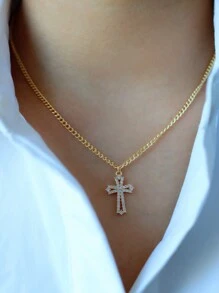 A4746 1pc Cubic Zirconia Cross Charm Necklace Copper Jewelry - Yellow Gold - View 13