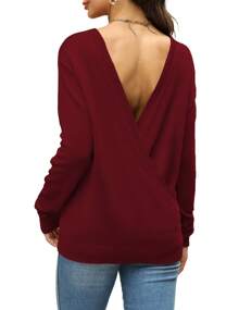 Women's 2024 Deep V-Neck Wrap Sweaters Long Sleeve Front Cross Loose Knitted Pullover Jumper Elegant Fall Winter Tops - Dark Red - 查看 6