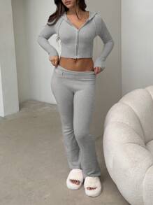 Plain Zipper Long Sleeve Hooded Top And Elastic Waist Pants Casual Tracksuit - Light Grey - View 2