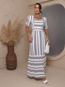 Elegant Women's Long Dress With Printed Flared Sleeves, Elastic Back, Padded, Comfortable Lining - 灰色 - 查看 3