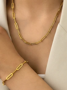 Stainless Steel Waterproof & Fade-Resistant Simple Gold Cross Chain Necklace And Bracelet Set, Suitable For Women's Daily Wear