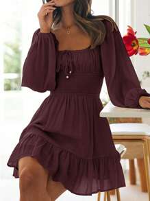 Women Spring Summer Short A-Line Dresses Long Sleeve Square Neck Ruched Tie Up Party Dress - Dark Brown - View 2