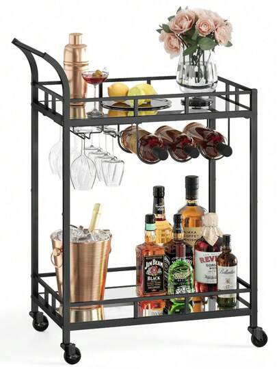  VASAGLE Carro de Bebidas, Carrito de Bar, Carro de Servir con 2 Estantes de Espejo, Portavasos, Portavinos, para Cocina, Bar de Casa, Comedor, Negro