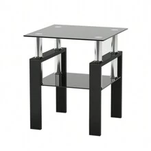 Glass Side Table 2-Tier Modern Glass Top Corner Table Living Room Side Table With Metal Leg For Living Room, Dining Room, Bedroom - Black - View 5