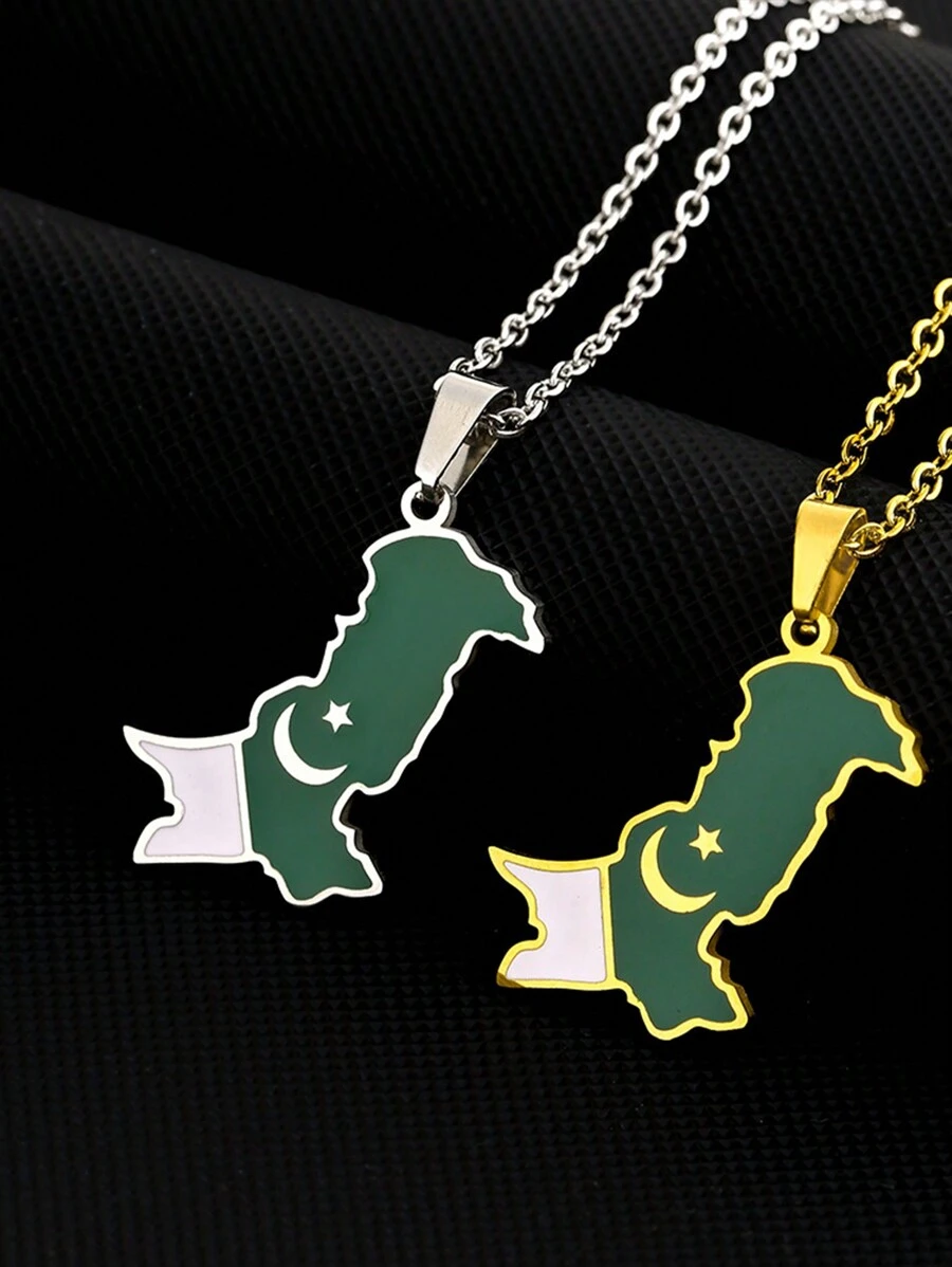 1pc Stainless Steel Pakistan Map Flag Pendant Necklace, Accessories For Couples - Multicolor - View 1