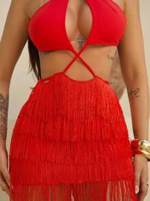 Short Dress With Front Fringe Details - 紅色 - 查看 3