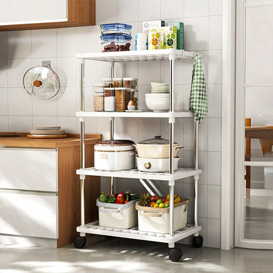 1 件加厚浴室收纳架，多层收纳架，方形 2/3/4 层收纳架，适用于厨房、客厅、卧室、浴室，带轮子 - 白色 - 查看 1