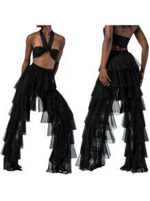 Women Wide Leg Pants, High Waist Layered Tulle Pants Loose Long Trousers Streetwear