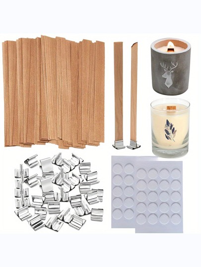 Kit para fazer velas DIY de 60 peças, incluindo pavios de madeira natural, suportes de metal e pontos de cola, adequado para artesanato