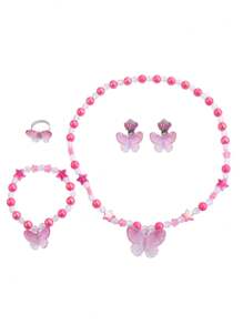 5pcs/Set Kids Pink Butterfly Bead Necklace, Earrings, Ring Set