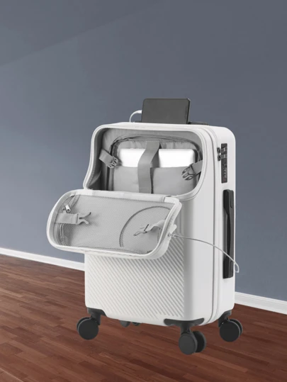 20-calowa wielofunkcyjna walizka podręczna, twardy bagaż podręczny z kółkami, twarda walizka podróżna z zamkiem, inteligentny uchwyt na kubek, torebka podróżna, walizka podróżna, bagaż podręczny, torba podręczna, dla mężczyzn, kobiet, chłopców, dziewcząt, studentów, par – srebrna walizka biznesowa PC Hard Shell