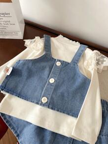 年轻女孩可爱蝴蝶结洗水蓝牛仔背心 + 蕾丝立领长袖打底衫 + 洗水蓝牛仔短裙 - 藍色 - 查看 6