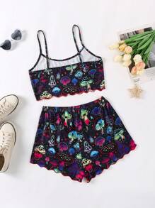Colorful Mushroom Print Pajama Set With Cami Top And Shorts, Sleepwear Loungewear
