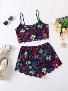 Colorful Mushroom Print Pajama Set With Cami Top And Shorts, Sleepwear Loungewear