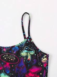 Colorful Mushroom Print Pajama Set With Cami Top And Shorts, Sleepwear Loungewear