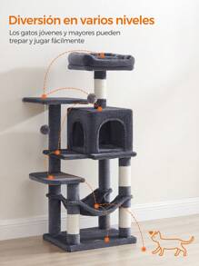Feandrea Cat Tree, Height 112 Cm, Cat Tower, Plush Fabric, With 4 Scratching Posts, 2 Platforms, 1 Cave, 1 Hammock, 2 Pompoms, Multi-Level, Light Grey MPCT261W01 - Dark Grey - View 5