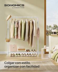 SONGMICS Burro para Ropa, con Ruedas, Perchero Burro con Barra, Almacenaje Multifuncional, Estructura de Tubo de Acero, Carga de 50 kg, Ancho de 103.5 cm, Blanco MHSR131W01 - Blanco - Ver 1